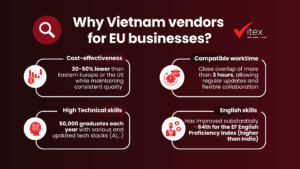 why Vietnam is a good choice for IT Outsourcing for EU business. Cost effectiveness, competitive price, english skill, high technical skill